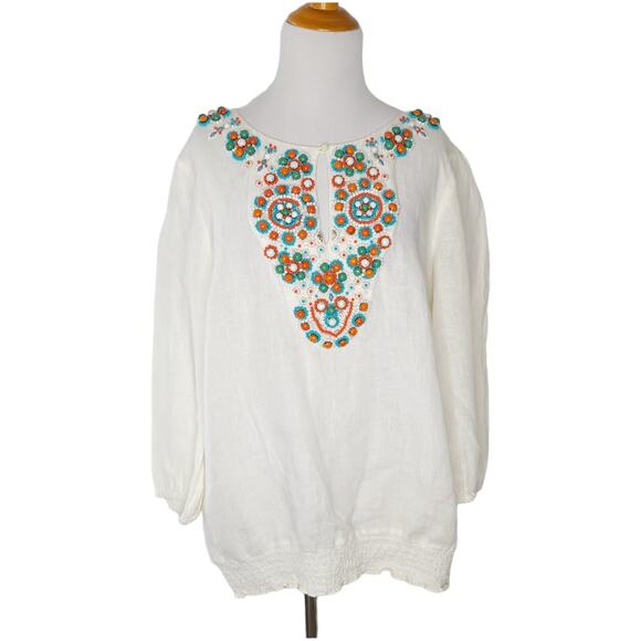 Calypso St. Barth Linen Blouse Embellished Beaded White Turquoise Women Large - Picture 1 of 13
